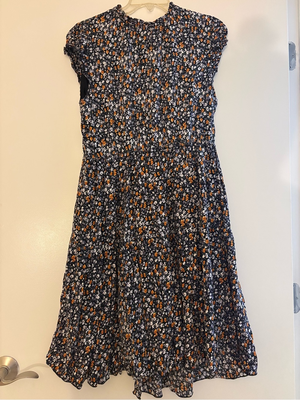 Smocked Navy Floral Midi Dress with Cap Sleeves